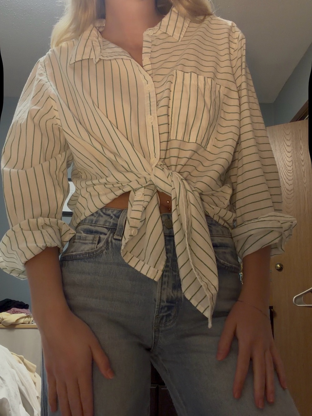 Maurices White Button-Down Shirt with Green Stripes